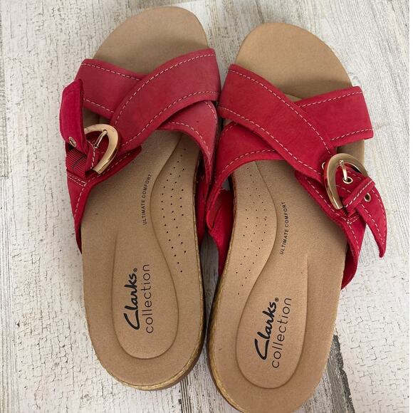 Clarks Women's 8 Reileigh May Cherry Nubuck leather sandal red slip on new - Picture 5 of 7